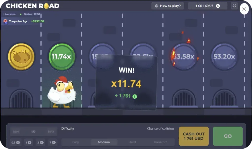 Chicken Road Spieloberfläche mit Huhn auf der Straße und Gewinnanzeige von x11.74 Multiplikator
